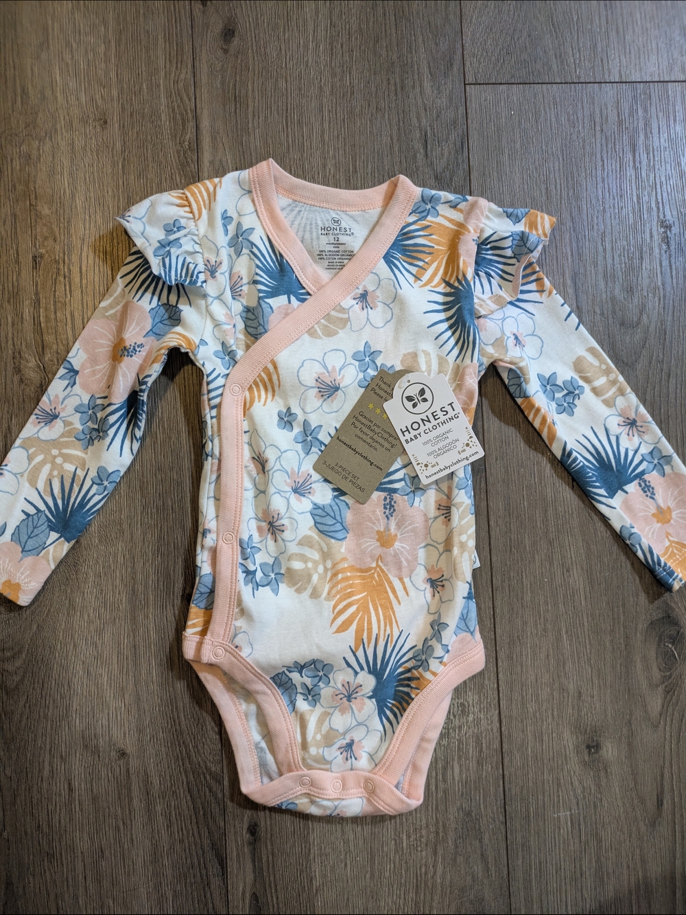 NWT Honest Baby Floral Wrap One-Piece in Peach & Blue 12 Mos